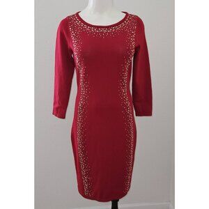 Calvin Klein Red Dress Sheath Gold Beaded Stud Accents 3/4 Sleeve Size Small